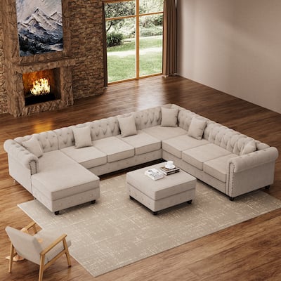 Chesterfield Sectional Sofa with Ottoman and 6 Pillows U-Shape Linen Fabric Sofa with Chaise and Rubberwood Legs for Living Room