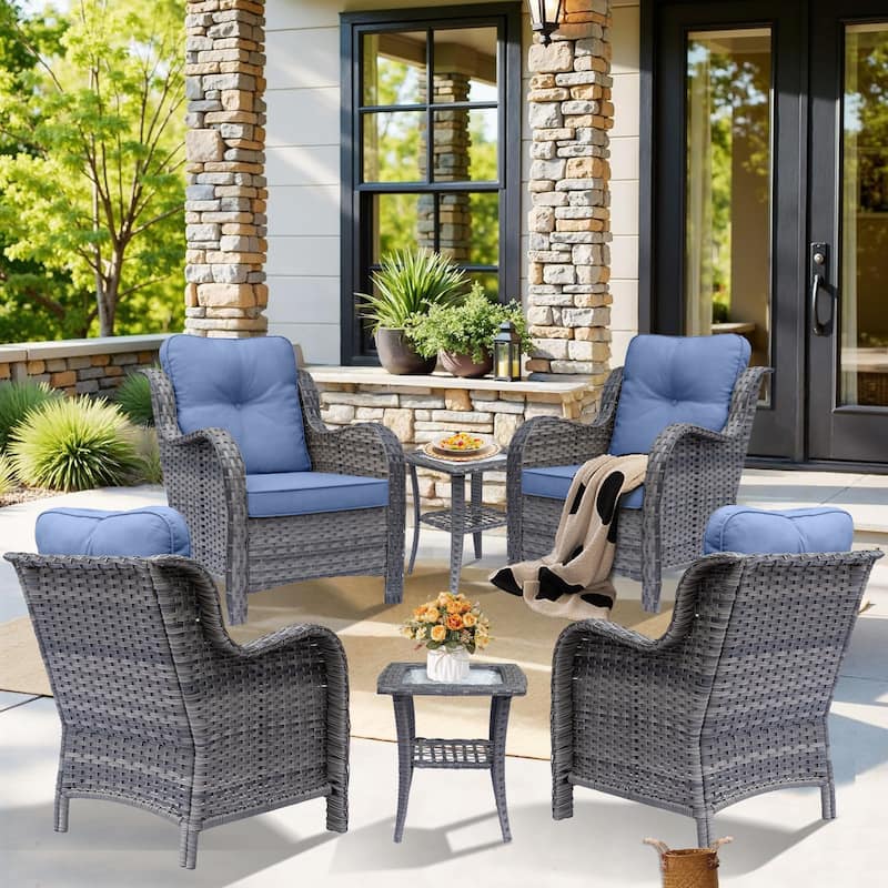 Gray Rattan Wicker Outdoor Patio Furniture Seating Sets With Cushions - Denim Blue - 6 Piece