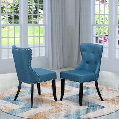 Dining Chairs Set of 2, Linen Fabric with Nailhead Tufted Back, Black Wood Frame - 21.5