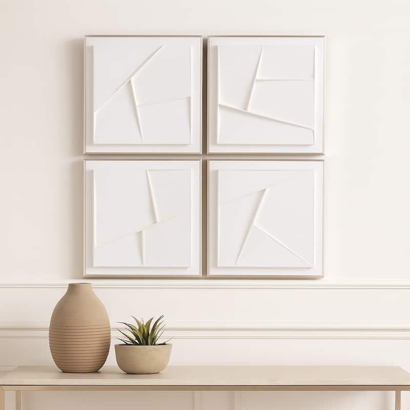 Canvas Wall Art Dimensional Plaster Paintings (Set of 4) - 20" White - Wood - White - 20.0"