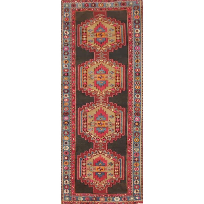 Hand Knotted Oriental 100% Wool Carpet Traditional Geometric Greys & Charcoal Ardebil Runner Rug - 10' 1'' X 3' 8''