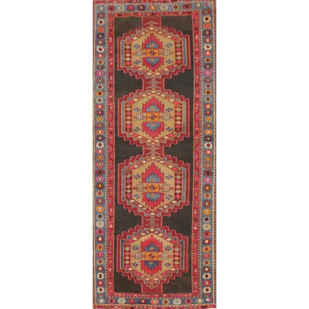 Hand Knotted Oriental 100% Wool Carpet Traditional Geometric Greys & Charcoal Ardebil Runner Rug - 10' 1'' X 3' 8''