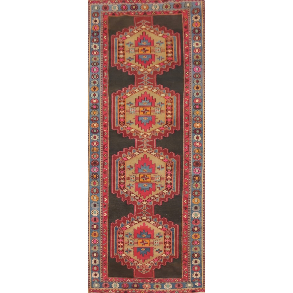 Hand Knotted Oriental 100% Wool Carpet Traditional Geometric Greys & Charcoal Ardebil Runner Rug - 10' 1'' X 3' 8''