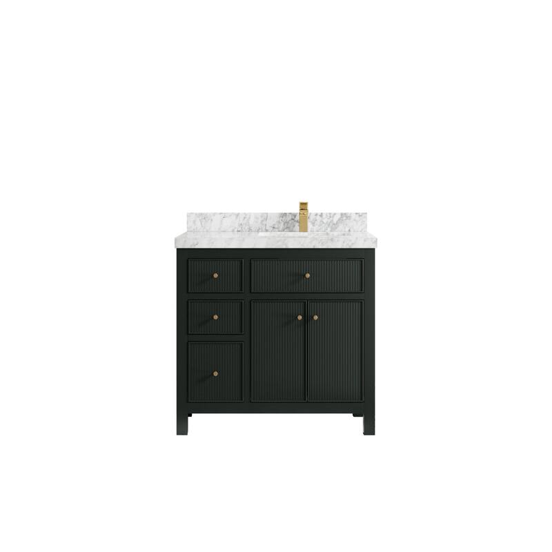 Willow Collections 36 in W x 22 in D Sonoma Right Offset Free Standing Reeded Bathroom Vanity with Countertop - 2" Carrara Marble - Dark Forest Green