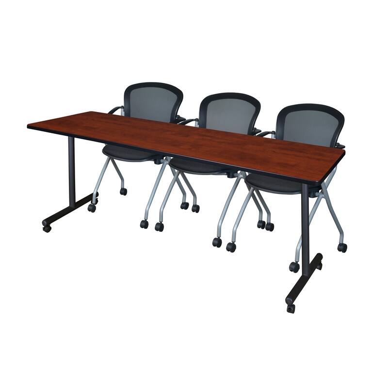 84" x 24" Mobile Training Table- Cherry & 3 Chairs- Black