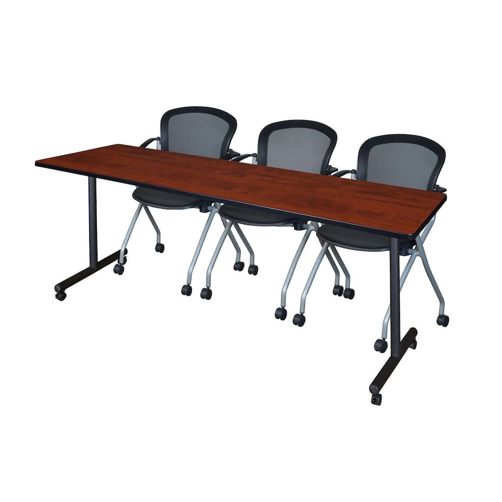 84" x 24" Mobile Training Table- Cherry & 3 Chairs- Black