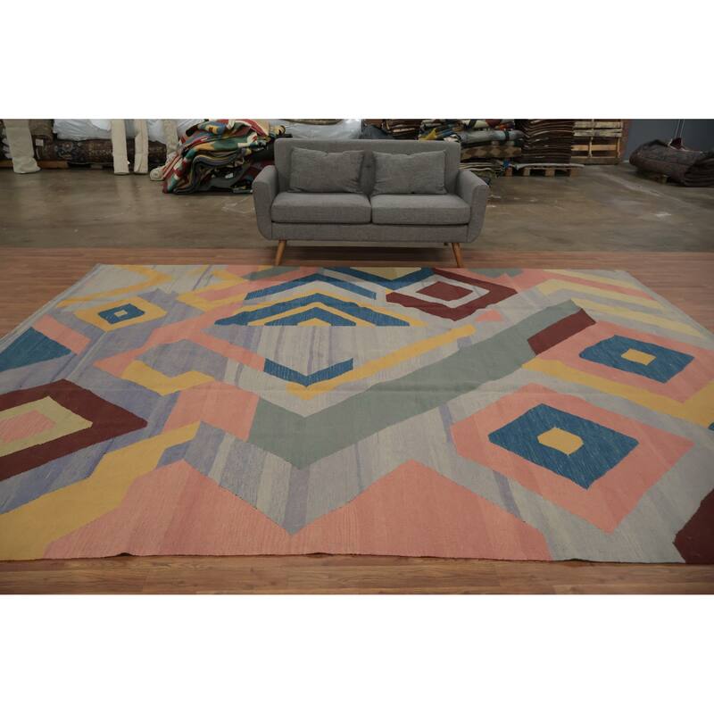 Hand Woven Oriental 100% Wool Carpet Southwestern Modern Multi-Colored Kilim Area Rug - 12' 9'' X 9' 8''