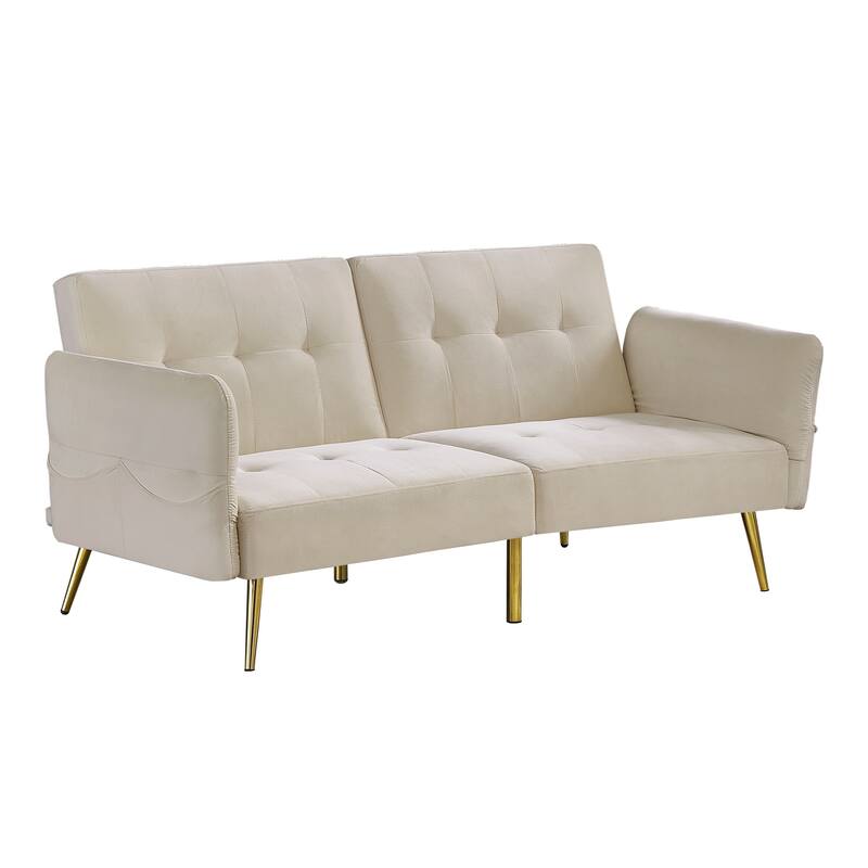 Italian Velvet Convertible Sleeper Sofa Bed with with Folded Armrests and Storage Bags