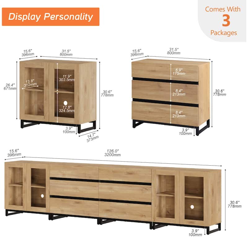 4-in-1 TV Stand for 120" TVs, Entertainment Center with Glass Doors & 6 Drawers