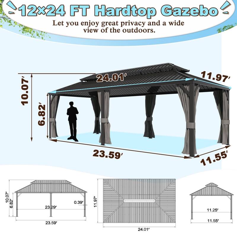 VEIKOUS Aluminum Double Hardtop Gazebo Pergola for Patio, Lawn, and Garden with Removable Curtains and Netting