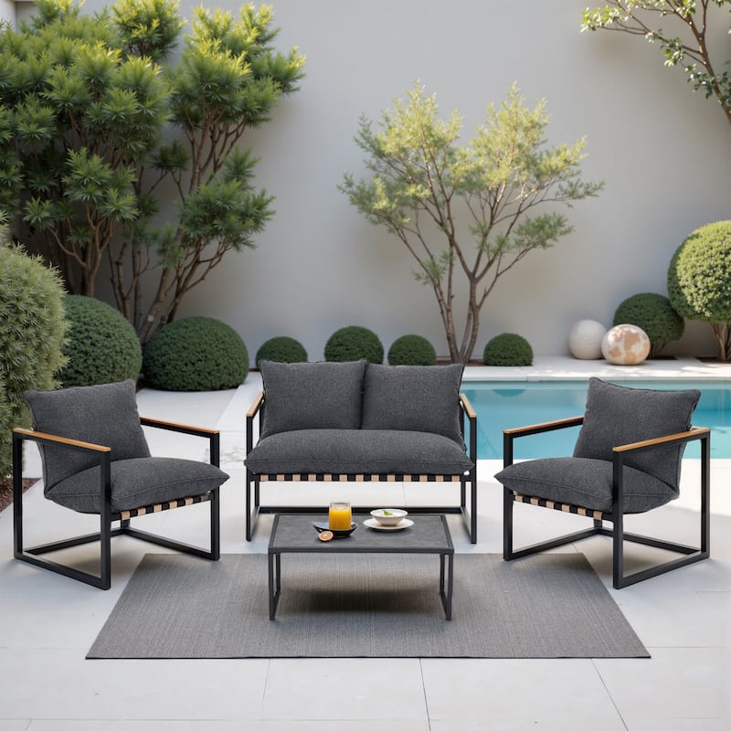 4 Piece All Weather Webbing Patio Conversation Set Outdoor Sofa Set with Washable Cushions and Chairs