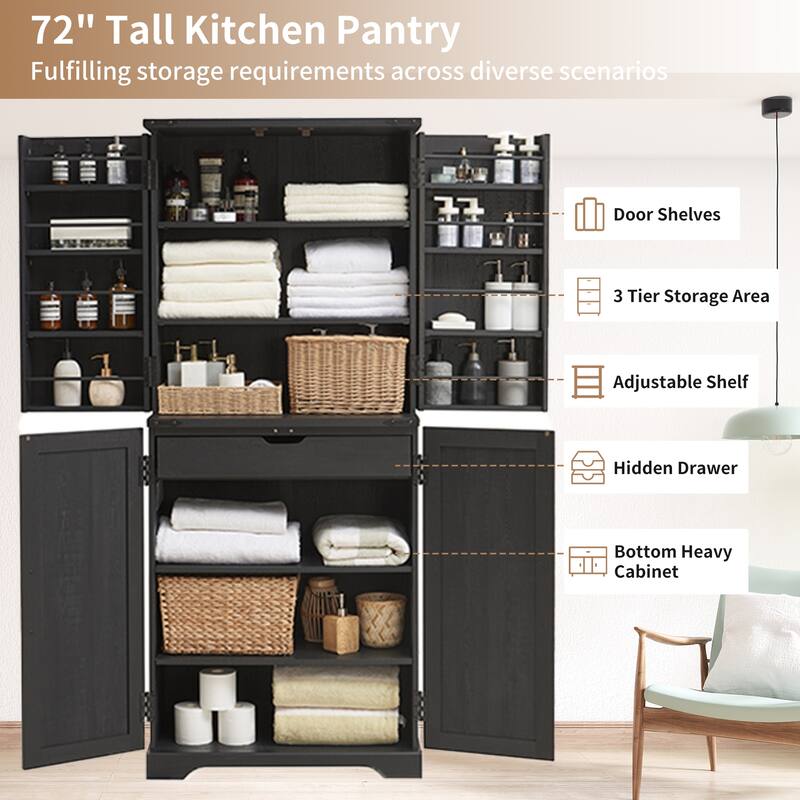 Farmhouse Wood Pantry Cabinet with Barn Doors, Adjustable Shelves