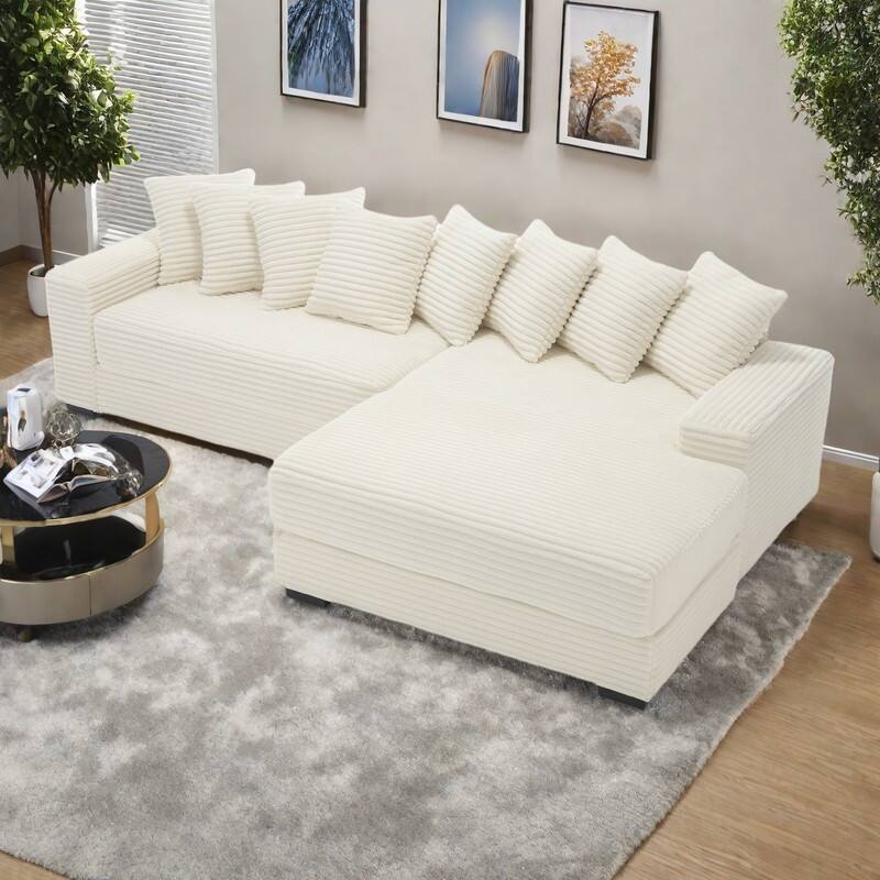 111" Corduroy L-Shape Sectional Sofa with Right Chaise, 8 Throw Pillows and Square Armrests - Beige