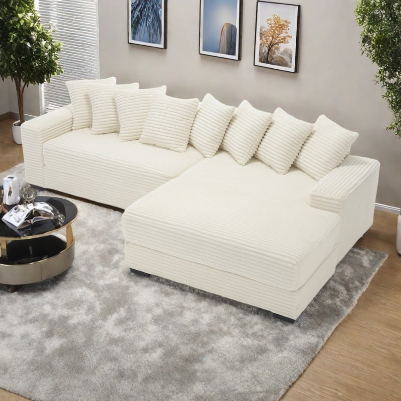 111" Corduroy L-Shape Sectional Sofa with Right Chaise, 8 Throw Pillows and Square Armrests