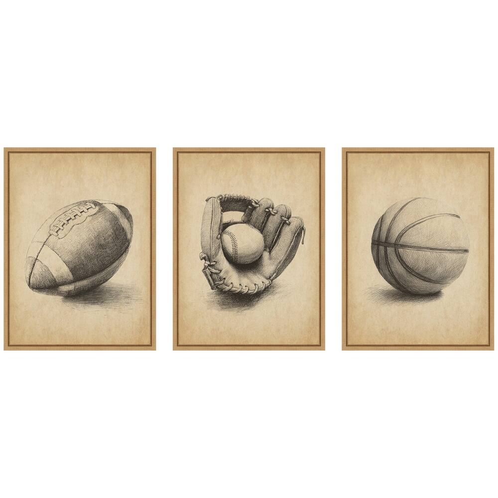Kate and Laurel Walnut Antique Football 3 Piece Framed Canvas Wall Art Set by The Creative Bunch Studio
