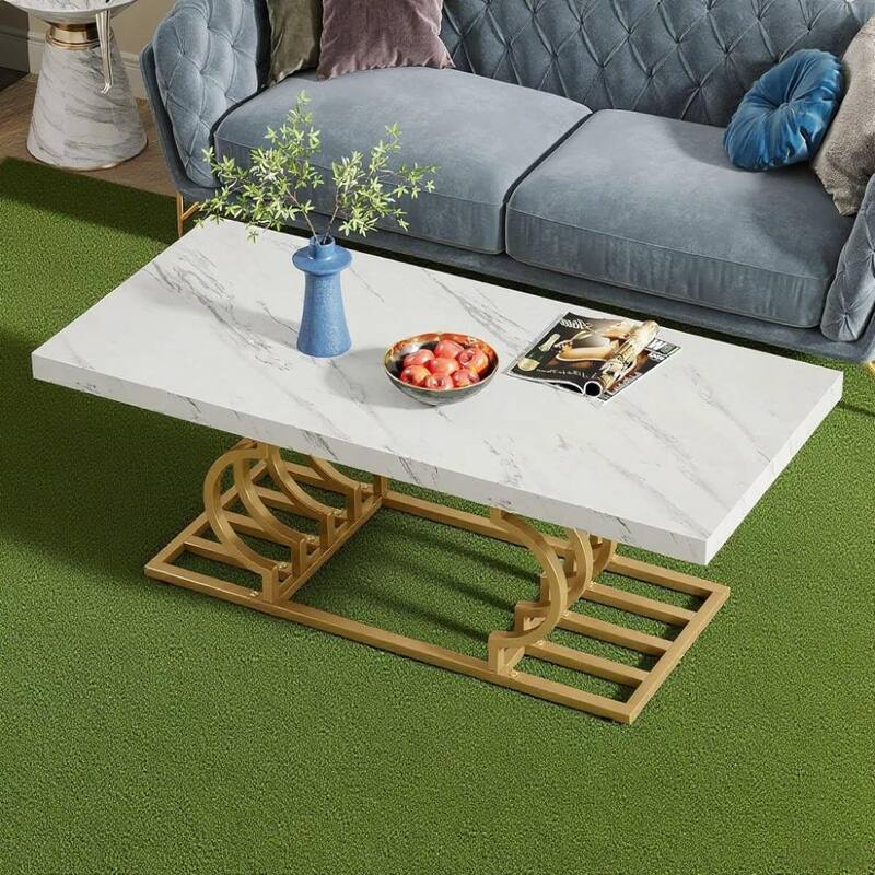 Modern White Coffee Table with Faux Marble Top and Gold Metal Frame for Living Room - 47.24”L x 19.68”W x 19.68”H