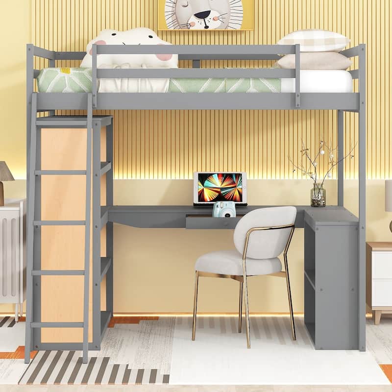 Wooden Bedframe Full Size Loft Bed with Built-in Desk, Storage Open Shelves, Drawer and Reversible Ladder for Kids, Teens - Grey - Full