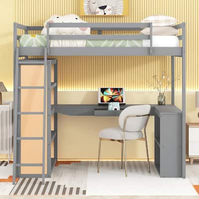 Wooden Bedframe Full Size Loft Bed with Built-in Desk, Storage Open Shelves, Drawer and Reversible Ladder for Kids, Teens