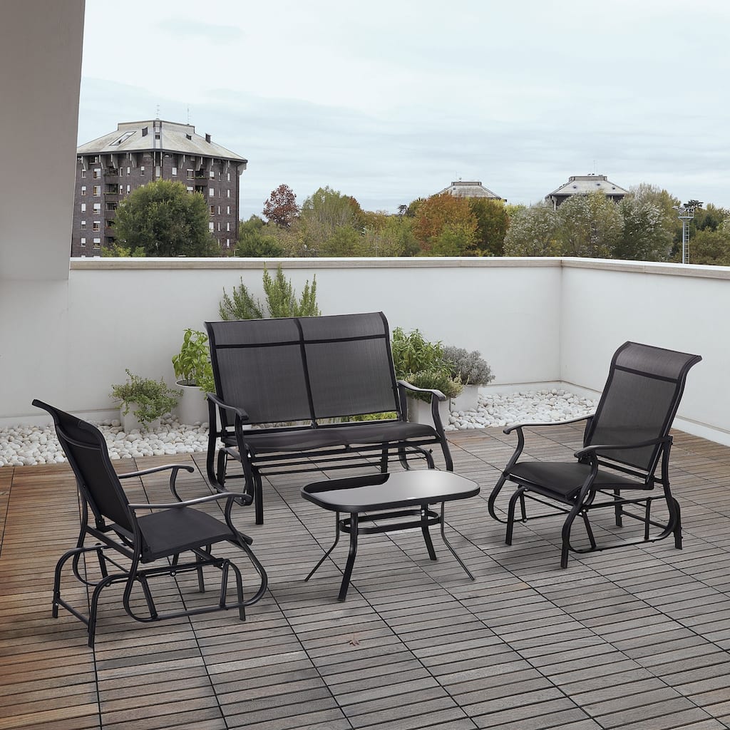 Outsunny 4 Pieces Gliders Set, Outdoor Furniture Sets with 2-Person Glider Patio Bench, Single Sling Chair and Coffee Table