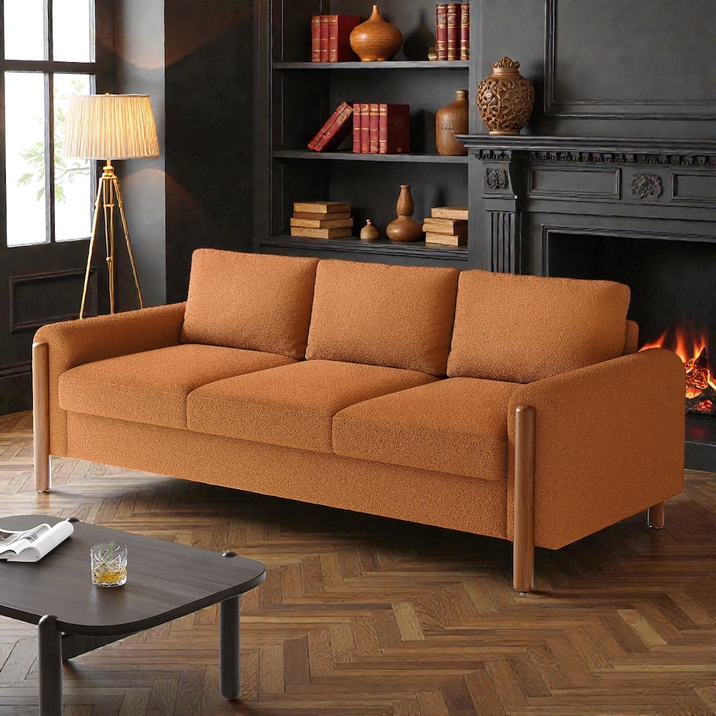 83.86 Inch 3-Seater Sofa with Curved Armrests, Teddy Velvet Upholstery, Solid Wood Legs, High Weight Capacity