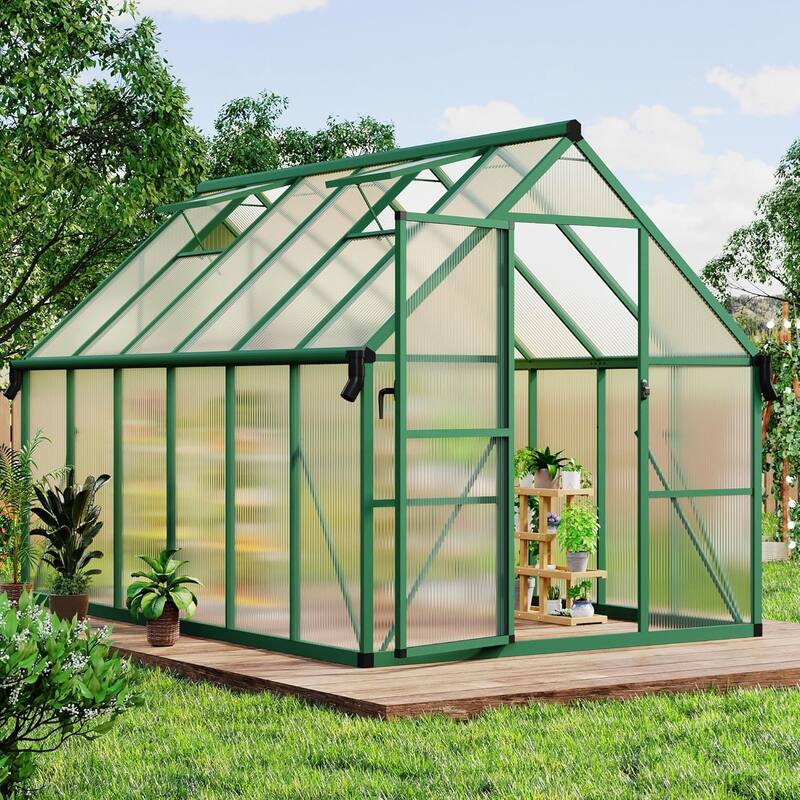 8x12 FT Outdoor Greenhouse, Polycarbonate Greenhouse with Roof Vent and Ground Nails, Green - 8*12FT - 8*12FT