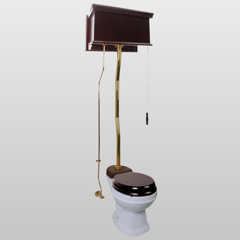 Dark Oak Wooden High Tank Toilet Flat Tank, Brass PVD Z Pipe and Round White Bowl