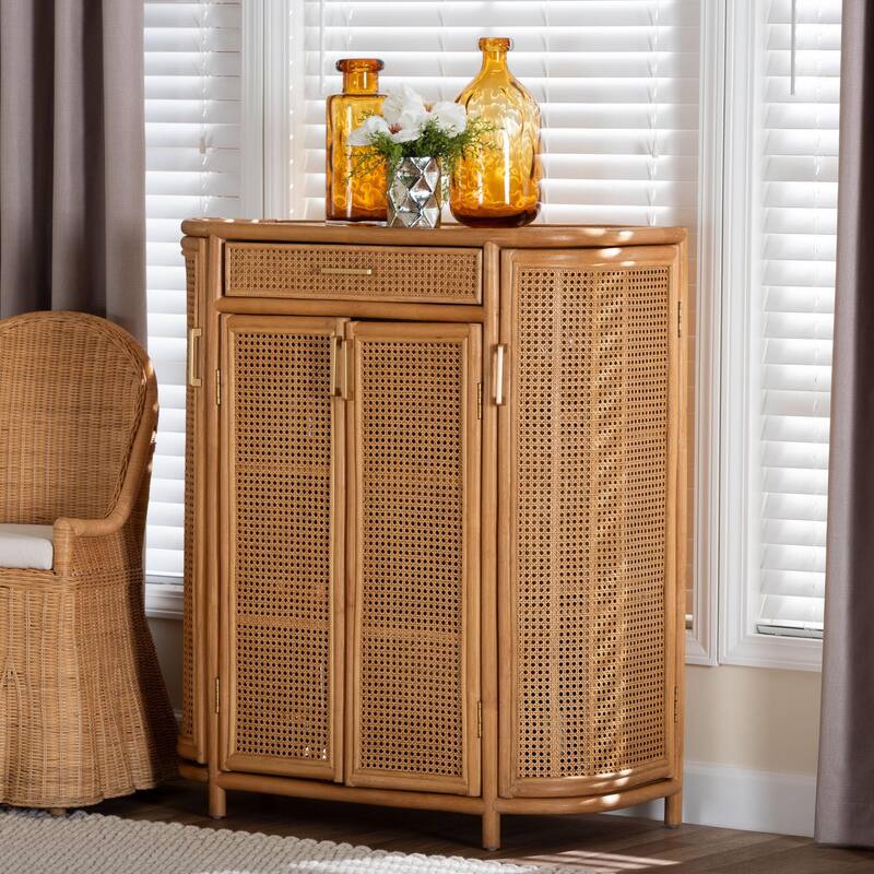 McKenna Natural Rattan Storage Cabinet - Handwoven Wicker Accent Cabinet, Boho Coastal Style for Living Room or Entryway