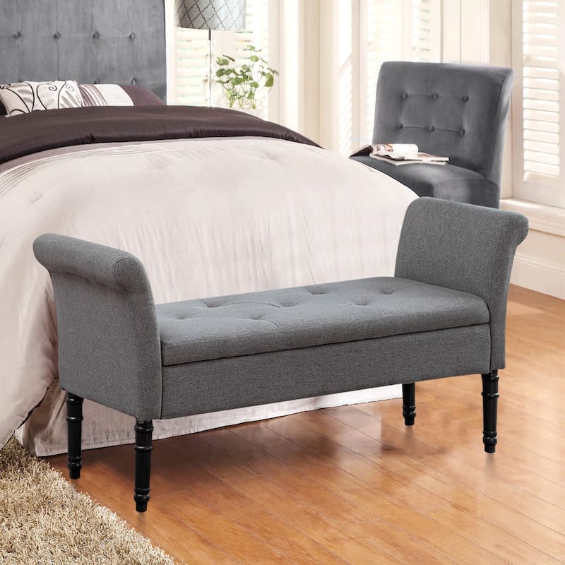Storage Ottoman Bench with Arms Upholstered Tufted Storage Bench for Bedroom Entryway Bench Footstool with Large Storage - Grey