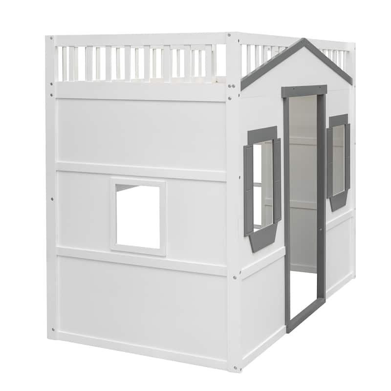 Twin Size Solid Wood House Loft Bed with Ladder for Kids