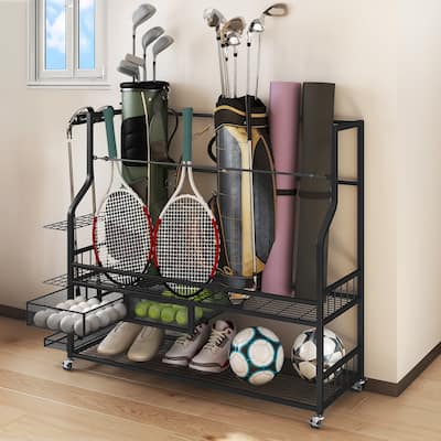 Moasis 4 Slot Golf Bag Storage Rack with Wheels and Drawer for Clubs and Balls