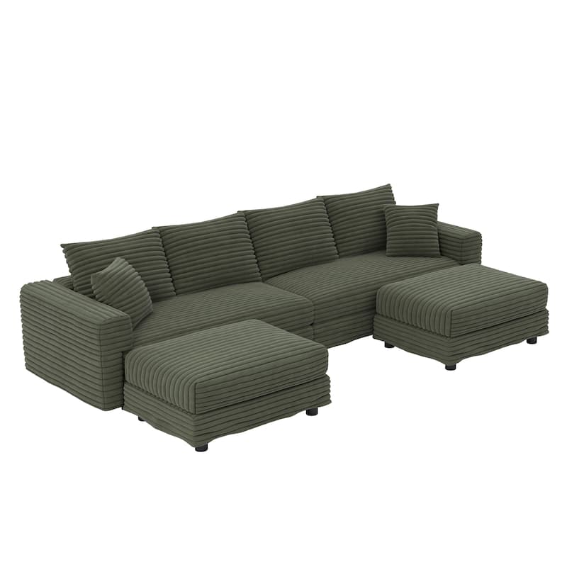 102.4" Corduroy Couch with Ottomans, 4 Seat Convertible Modular Sectional Sofa, Upholstered Couches with Pillows for Living Room