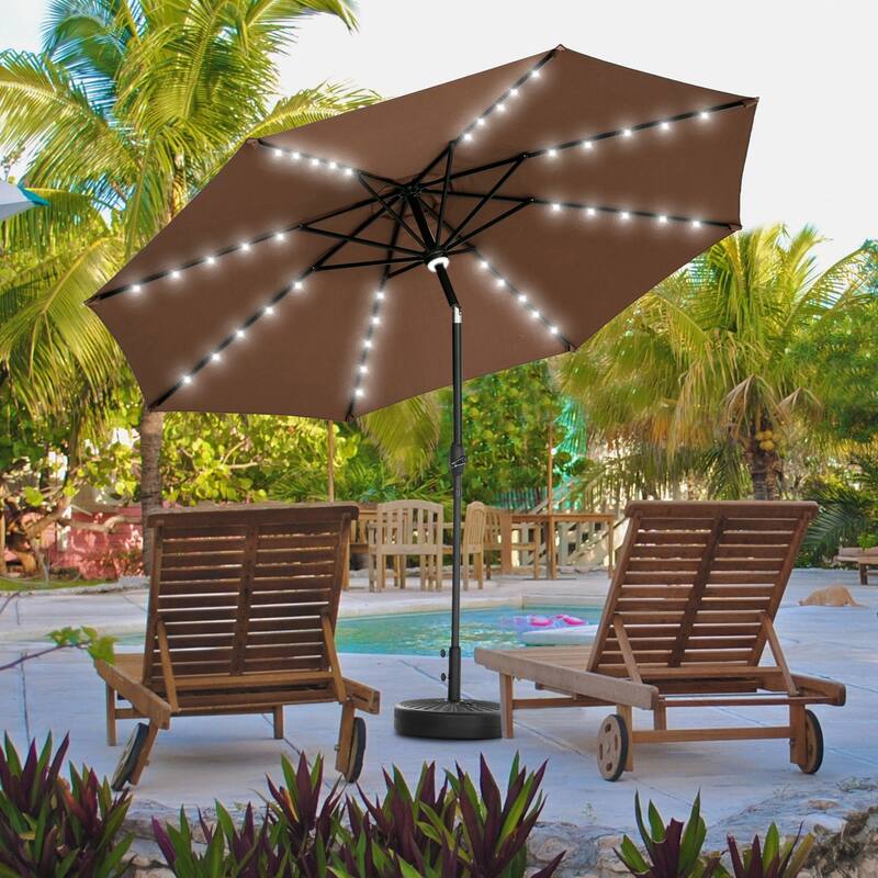 Ainfox 10ft Patio Umbrella with Lights Outdoor Solar Umbrella - Brown with Base