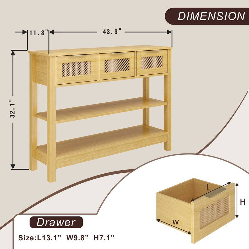 43.3" Sofa/Console Table - with 3 Top Drawers and 2 Open Shelves, Farmhouse Style