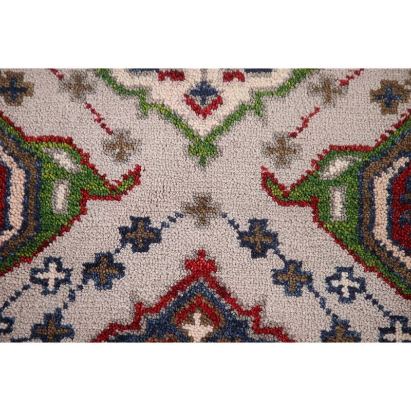 Geometric Grey Kazak Runner Rug Hand-Knotted Oriental Wool Carpet - 2'7"x 9'10"