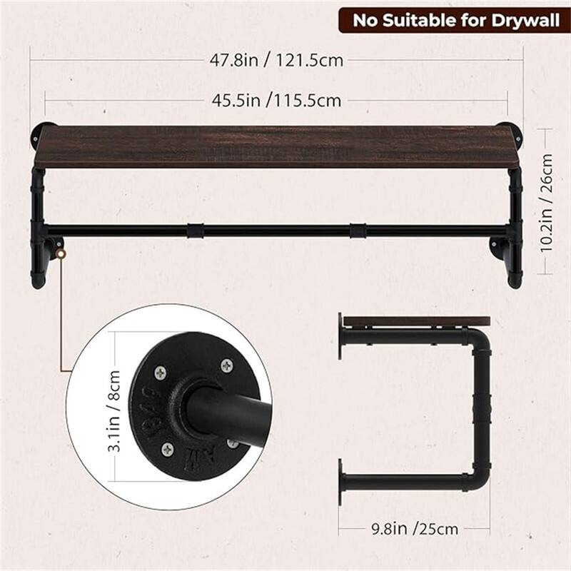 Clothes Rack with Top Shelf, 41in Industrial Pipe Wall Mounted Garment Rack