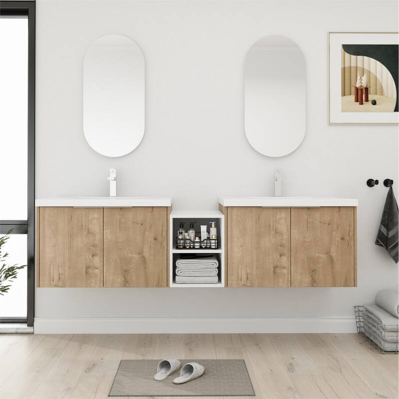 Bathroom Vanity With Sink In 24/36/48/60/72/84 Inch, Floating Bathroom Vanity With Soft Close Door and Shelf - 71.1''W - ImitativeOak