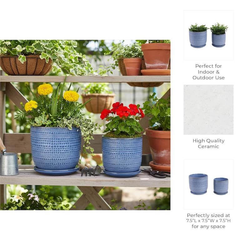 Decorative Round Ceramic Planter with Saucer - Set of 2