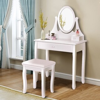 Shop Gymax Bathroom Wooden Mirrored Makeup Vanity Set Stool Table