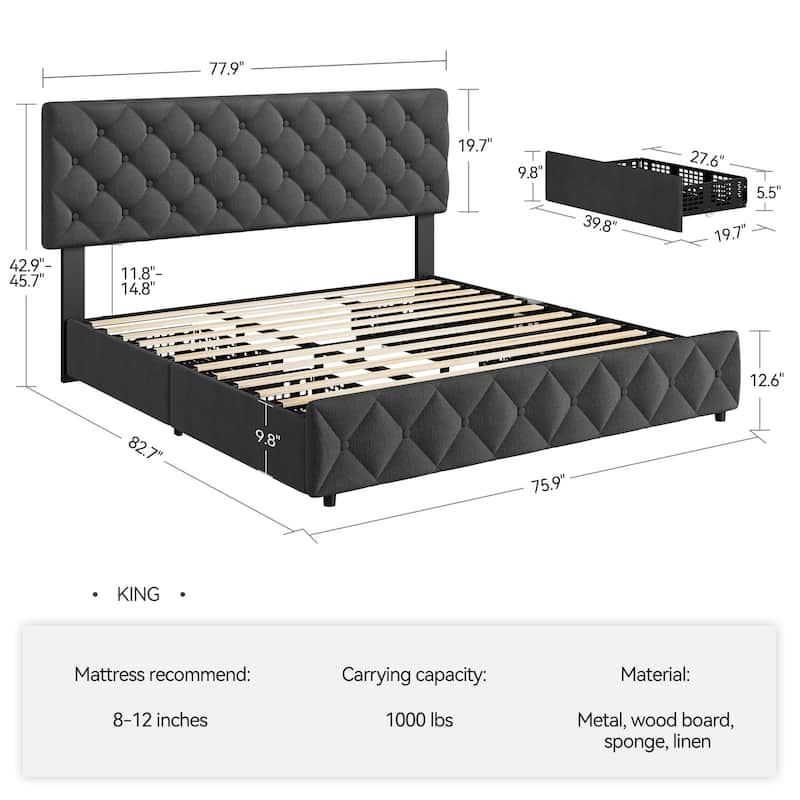 Full Size Bed Frame with 4 Storage Drawers and Headboard, Linen Upholstered Platform Bed Frame