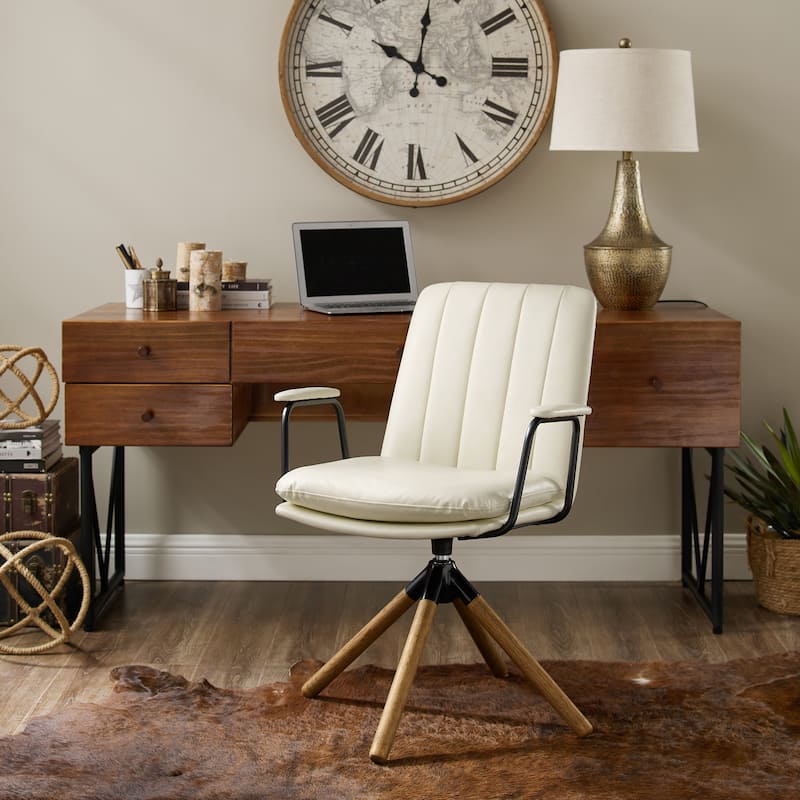 Art Leon Faux Leather Swivel Accent Arm Chair - Off White -Wood Legs