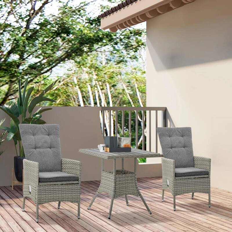 3-Piece PE Wicker Set, Tufted Reclining Chairs, Coffee Table, Outdoor
