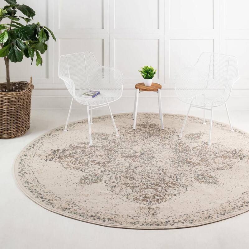 Contemporary Daisy Collection Area Rug - Cream - 8' Round