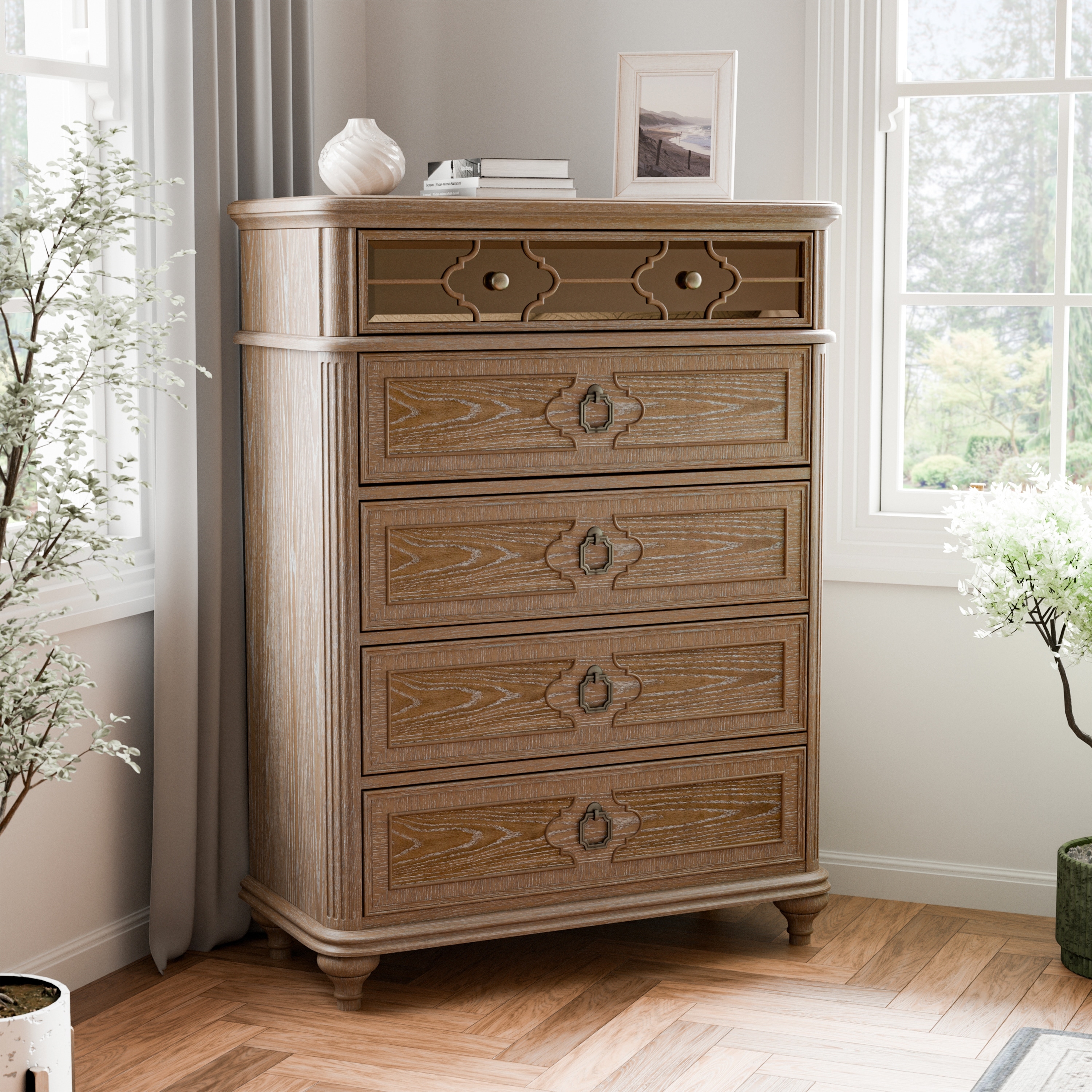 Furniture of America Aveline Modern Rustic Oak Solid Wood 5-Drawer Storage Chest