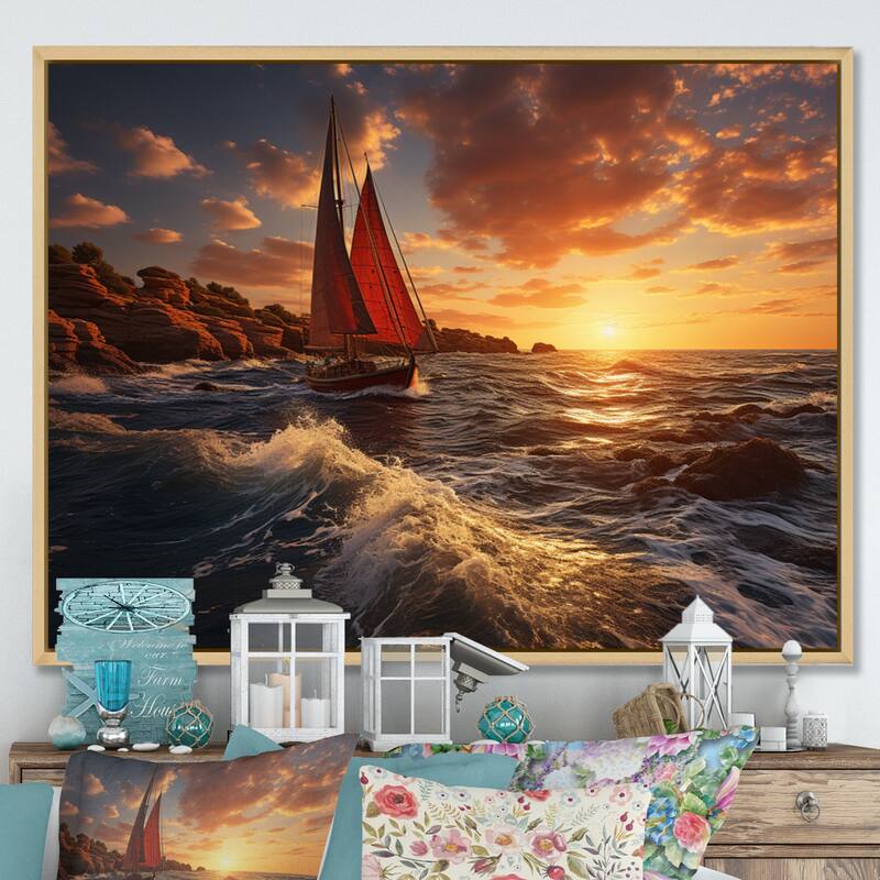 Designart "Spain Sunset Sail I" Nautical & Beach Framed Wall Art Prints - 32 in. wide x 24 in. high - Natural