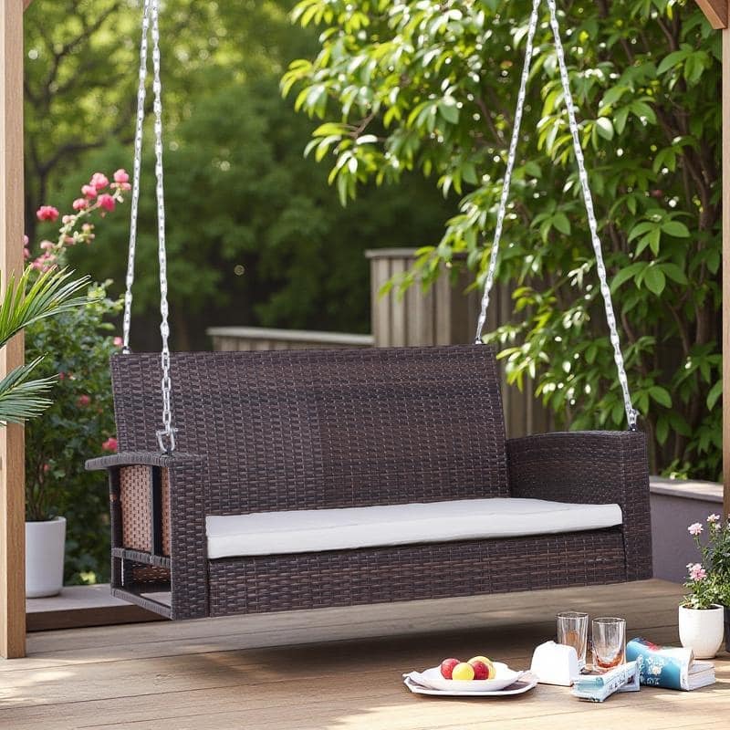 Wicker Hanging Swing Bench with Cushions and Outdoor 2-Person Porch Chair (550lb Capacity) - 聽Brown