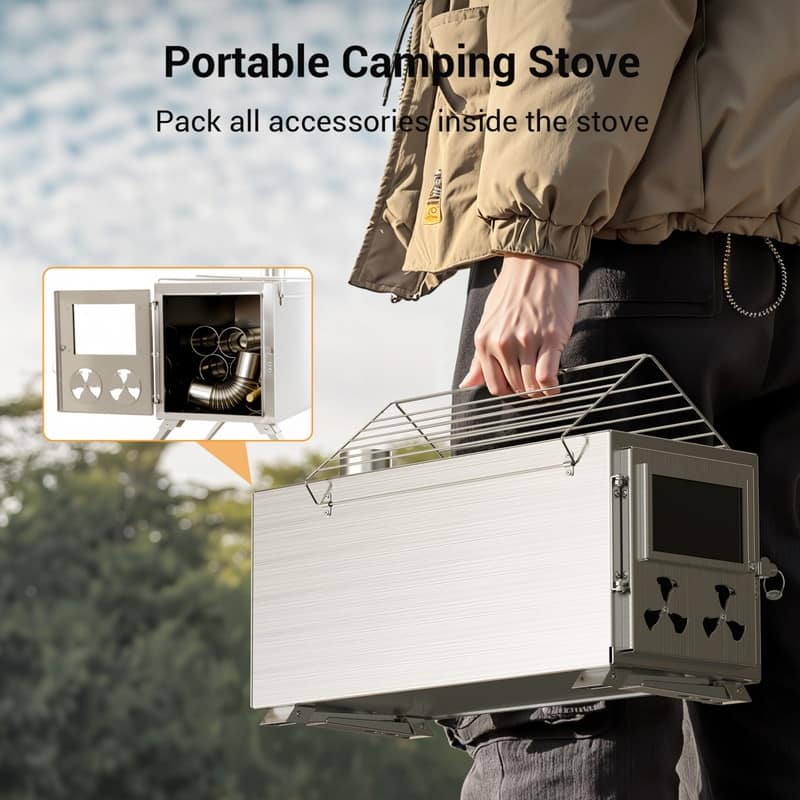 Hot Tent Stove, Portable Stainless Steel Wood Burning Stove, Camping