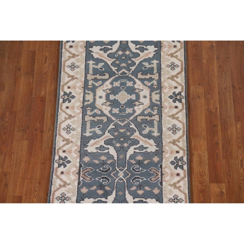 All-Over Blue Oushak Indian Runner Rug Hand-knotted Wool Carpet - 2'7"x 9'10"