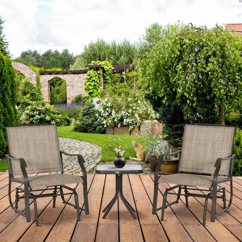 3-Piece Outdoor Rocking Glider Set with Glass Side Table, Cream White Patio Chairs with Breathable Mesh and Steel Frame