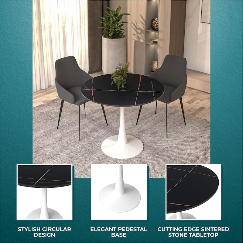 Bristol Round Dining Table for 4, 35" Sintered Stone Tabletop with White Stainless Steel Pedestal Base
