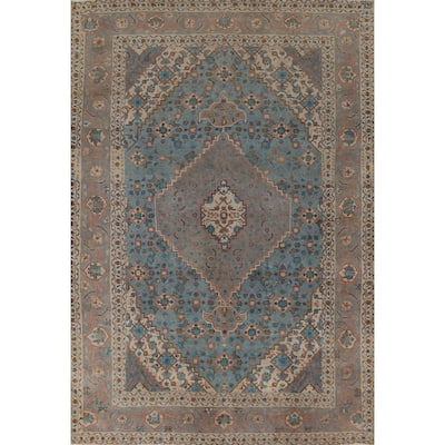 Blue Over-Dyed Tabriz Persian Vintage Rug Hand-Knotted Wool Carpet - 6'9"x 9'9"